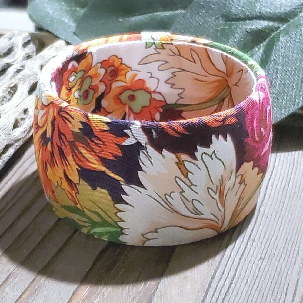 Vintage Y2K Flowers Organic Cotton Fabric Covered Wide Bangle Bracelet